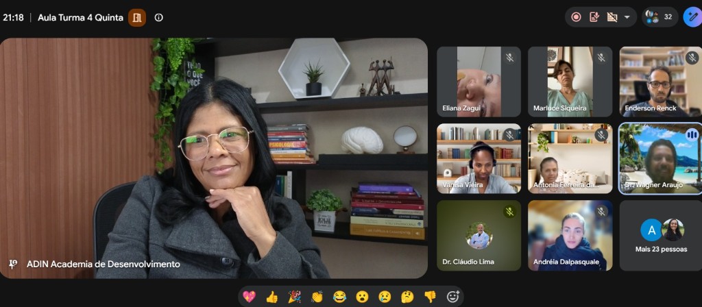 Aula ao vivo ADIN — professora e turma no Google Meet