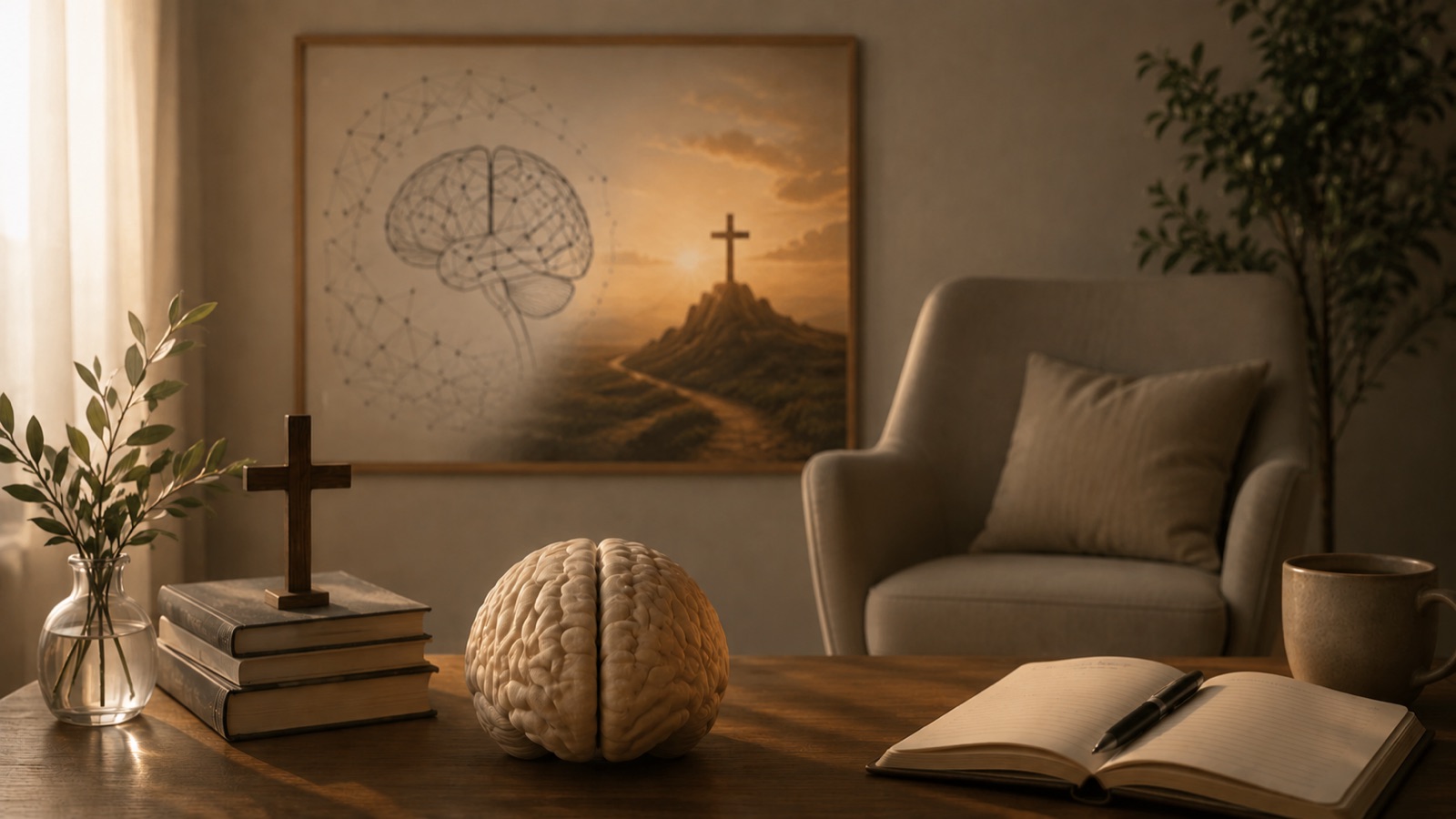 Mesa com um modelo de cérebro, uma cruz de madeira sobre livros e uma Bíblia aberta, diante de um quadro que une cérebro e cruz